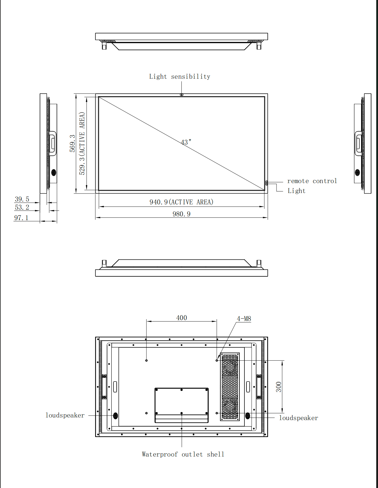 43 inch high birhtness display drawing