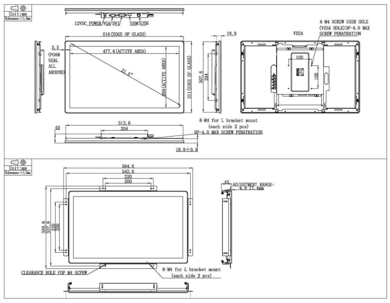 21.5 inch open frame touch monitor drawing