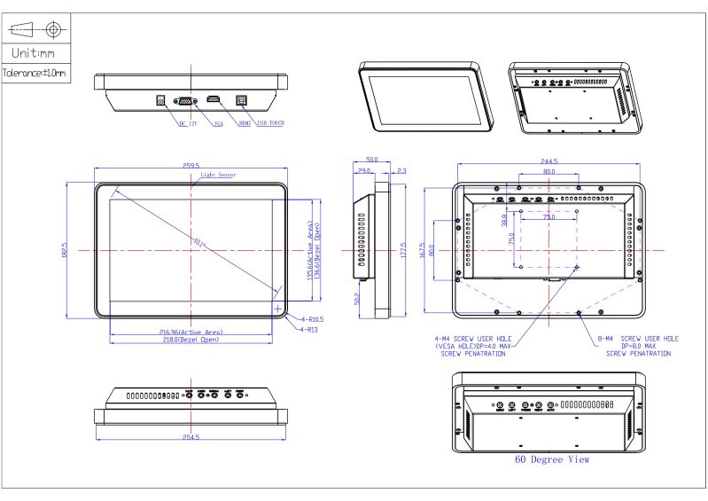 Open frame touch monitor drawing