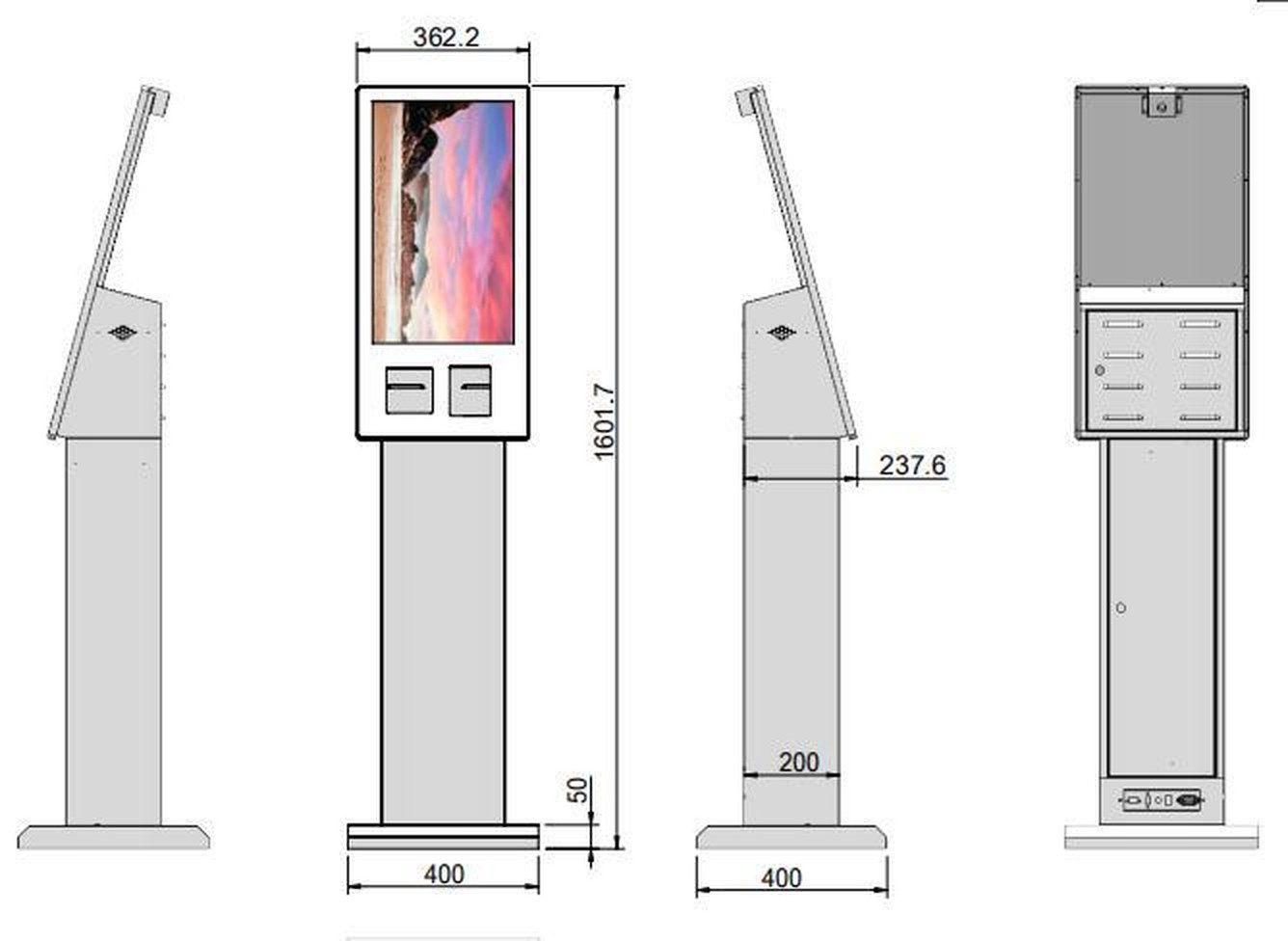 Dimension drawing of the 23.8-inch self-service terminal