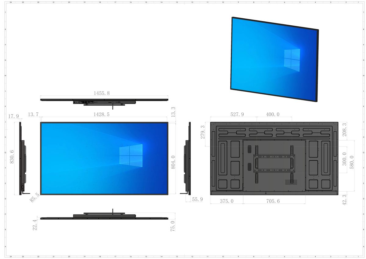 WM65 65 inch wall-mounted advertising display dimension drawing