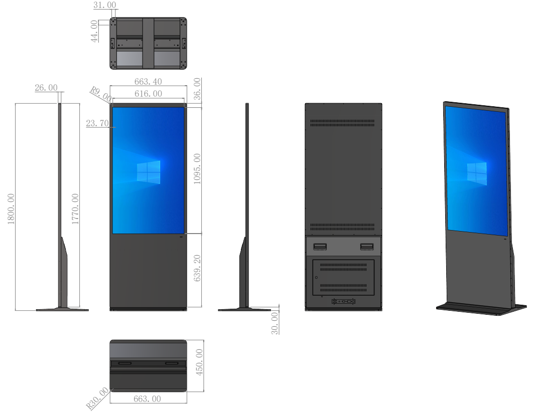 LF-FSA floor-standing digital signage 2D mechanical drawing