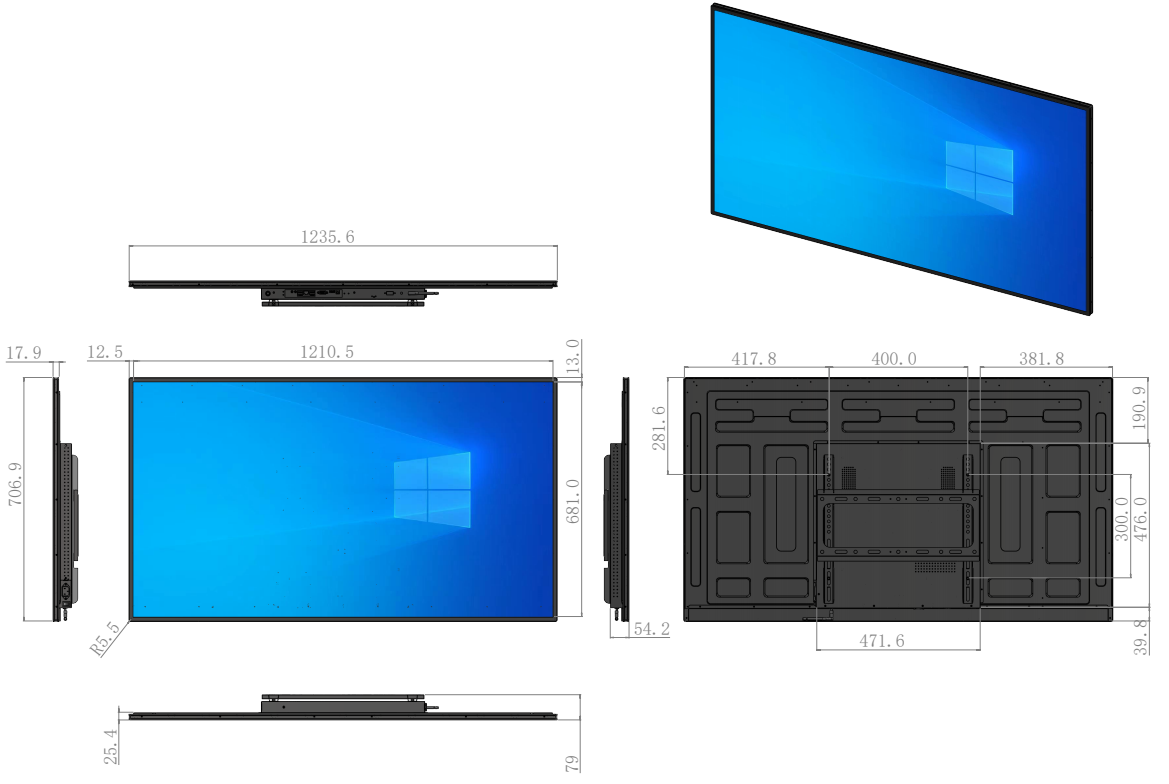 LF-WMT-IR wall-mounted display 2D mechanical drawing