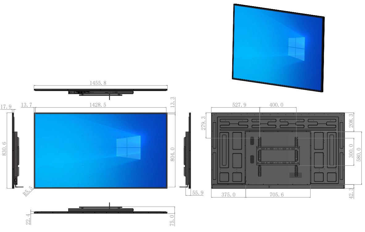 LF-WMT-IR wall-mounted display 2D mechanical drawing