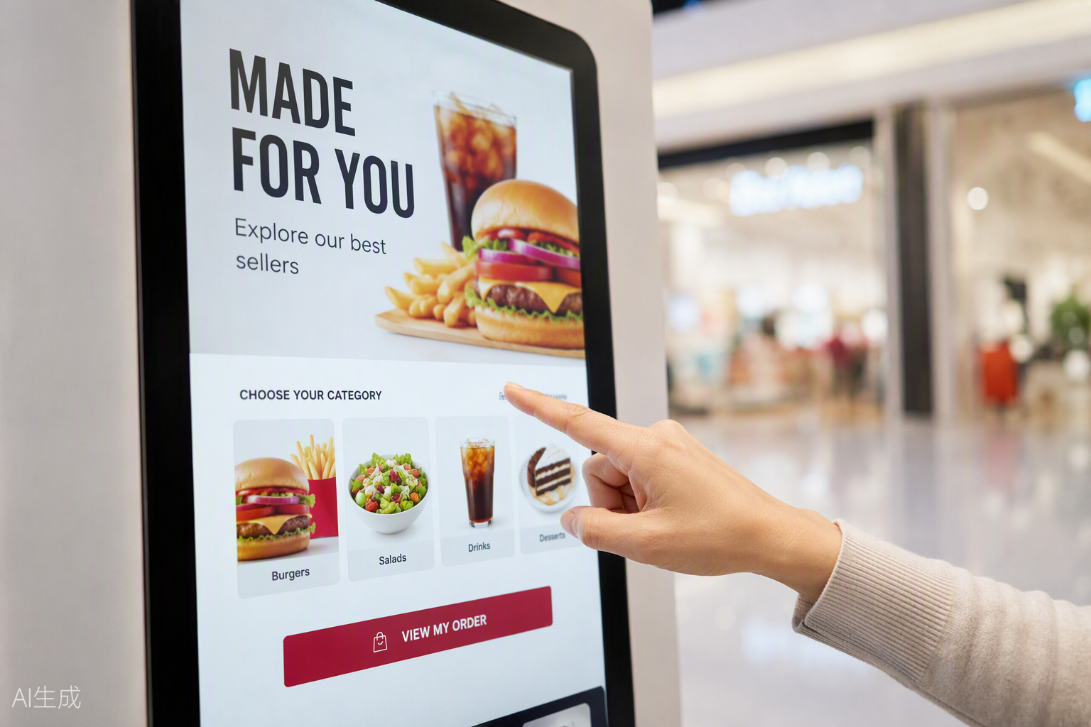 Customer using a self-service kiosk touchscreen in a shopping mall