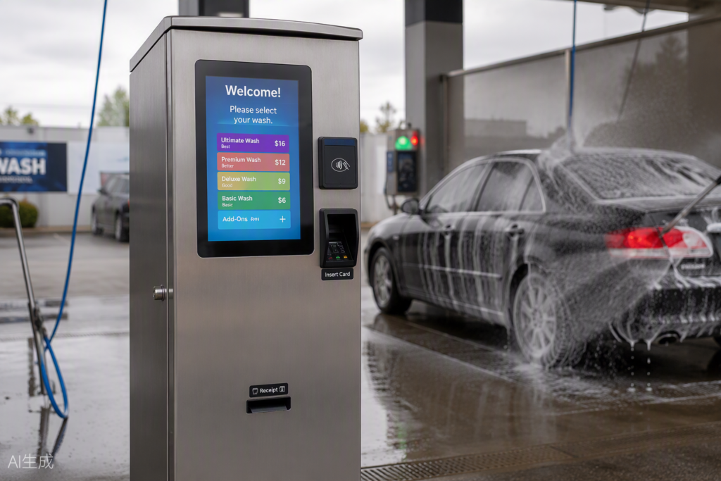 Self-service car wash payment kiosk terminal with touch screen at wash bay