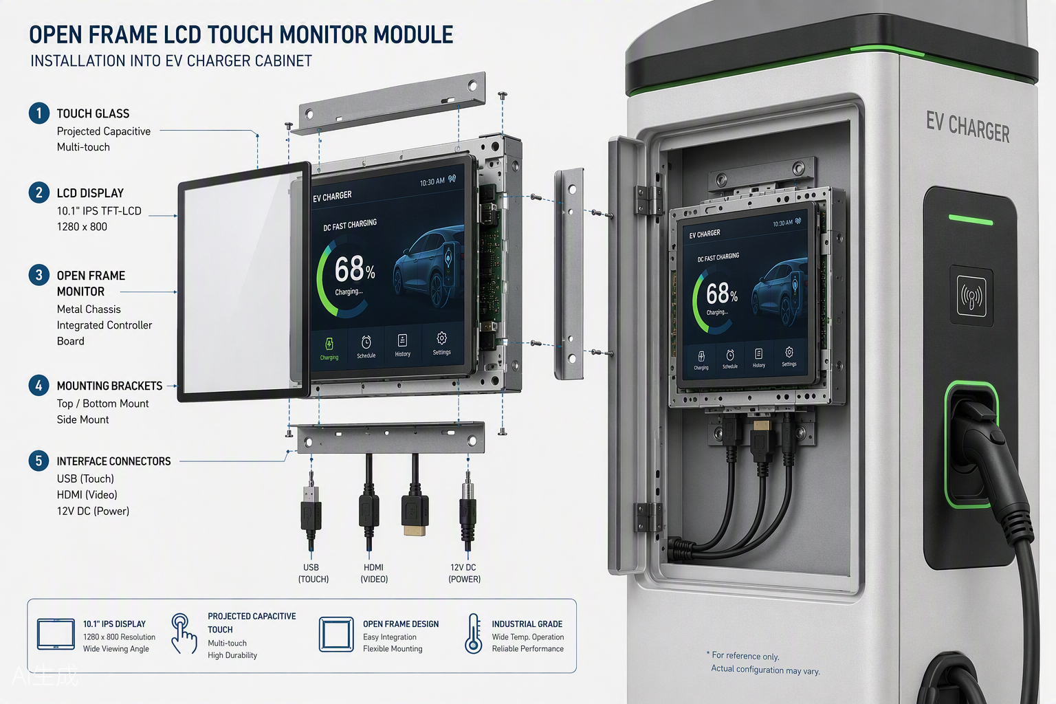 Open frame touch monitor assembly into EV charging station cabinet