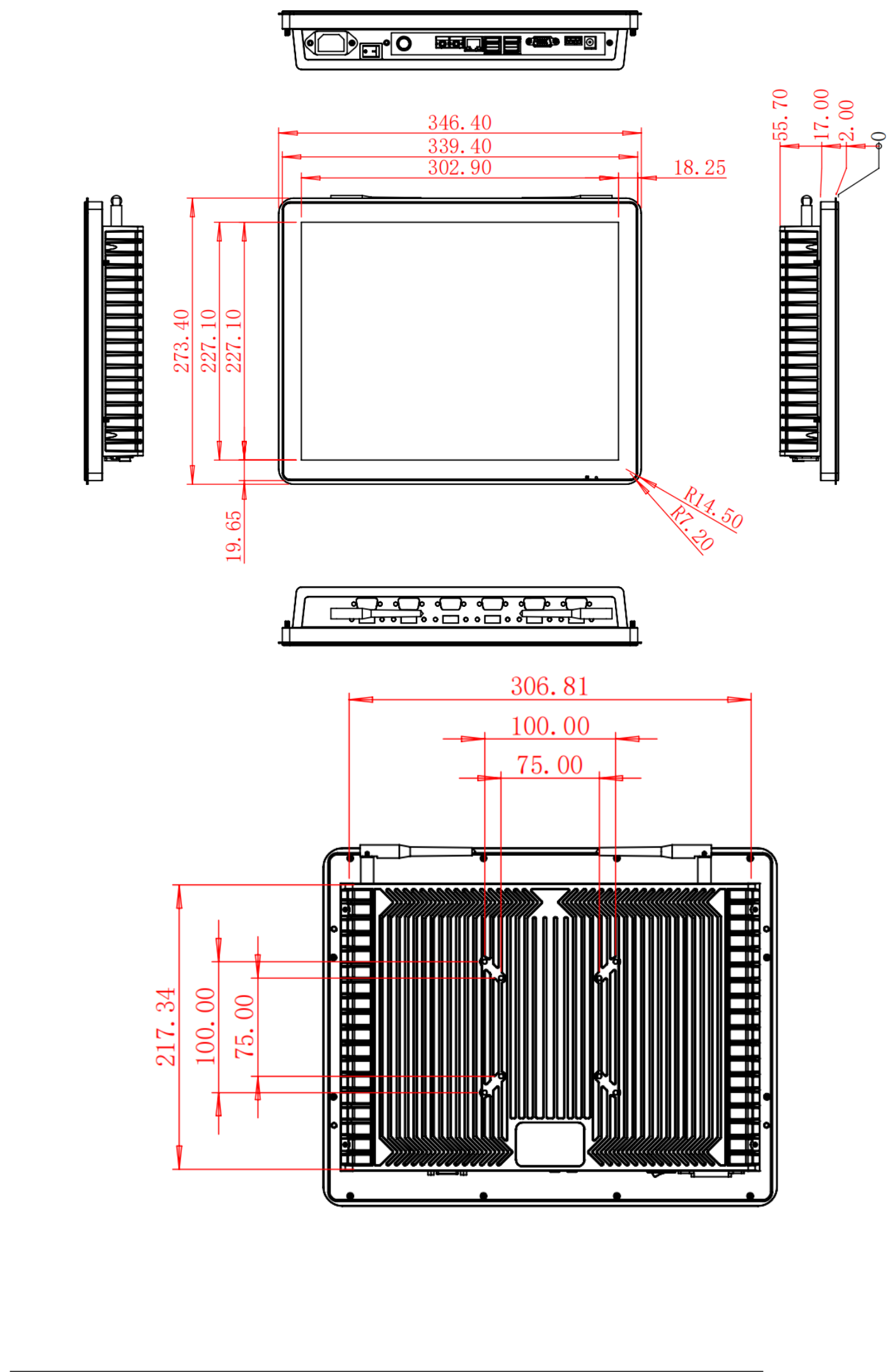 HC150APC dimension drawing, 346.4 × 273.4 × 55.7 mm