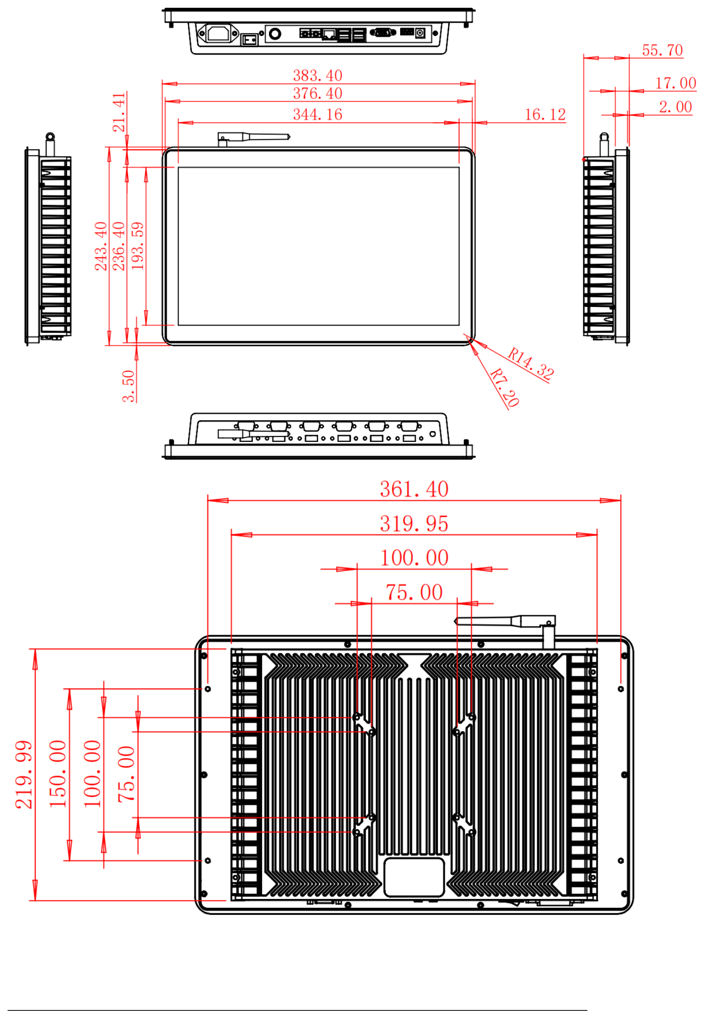 HC156APC dimension drawing, 383.4 × 243.4 × 55.7 mm