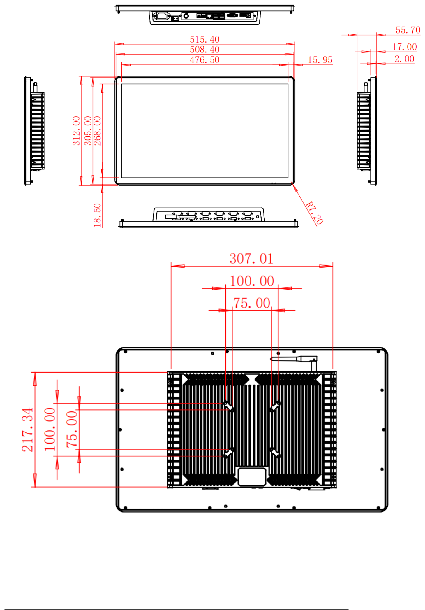 HC215APC dimension drawing, 515.4 × 312 × 55.7 mm