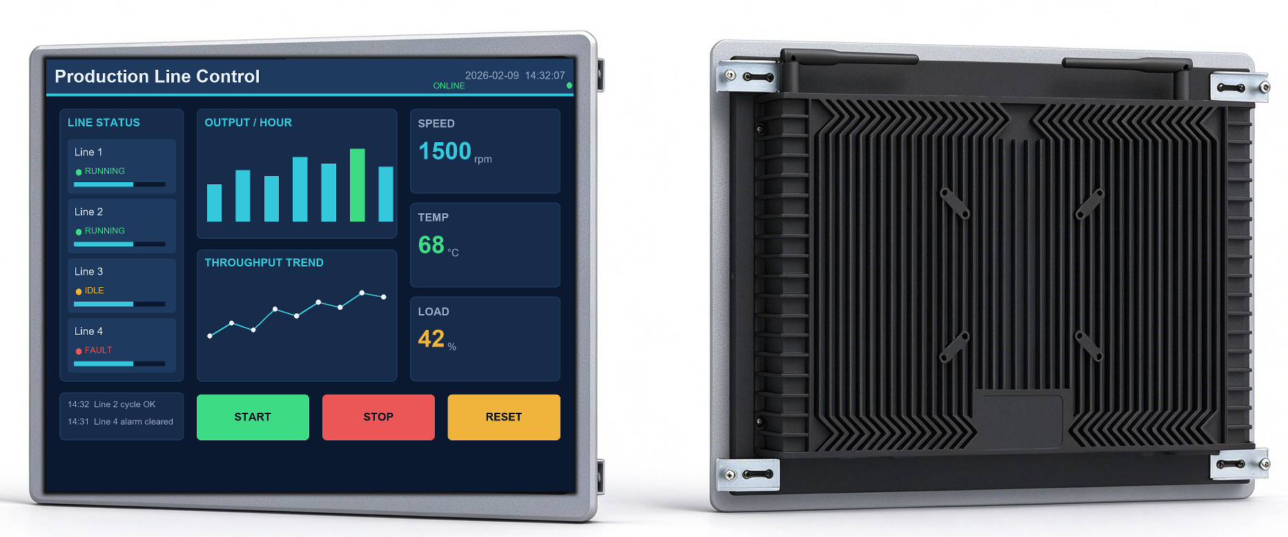 15.6″ fully-enclosed industrial panel PC front and rear view