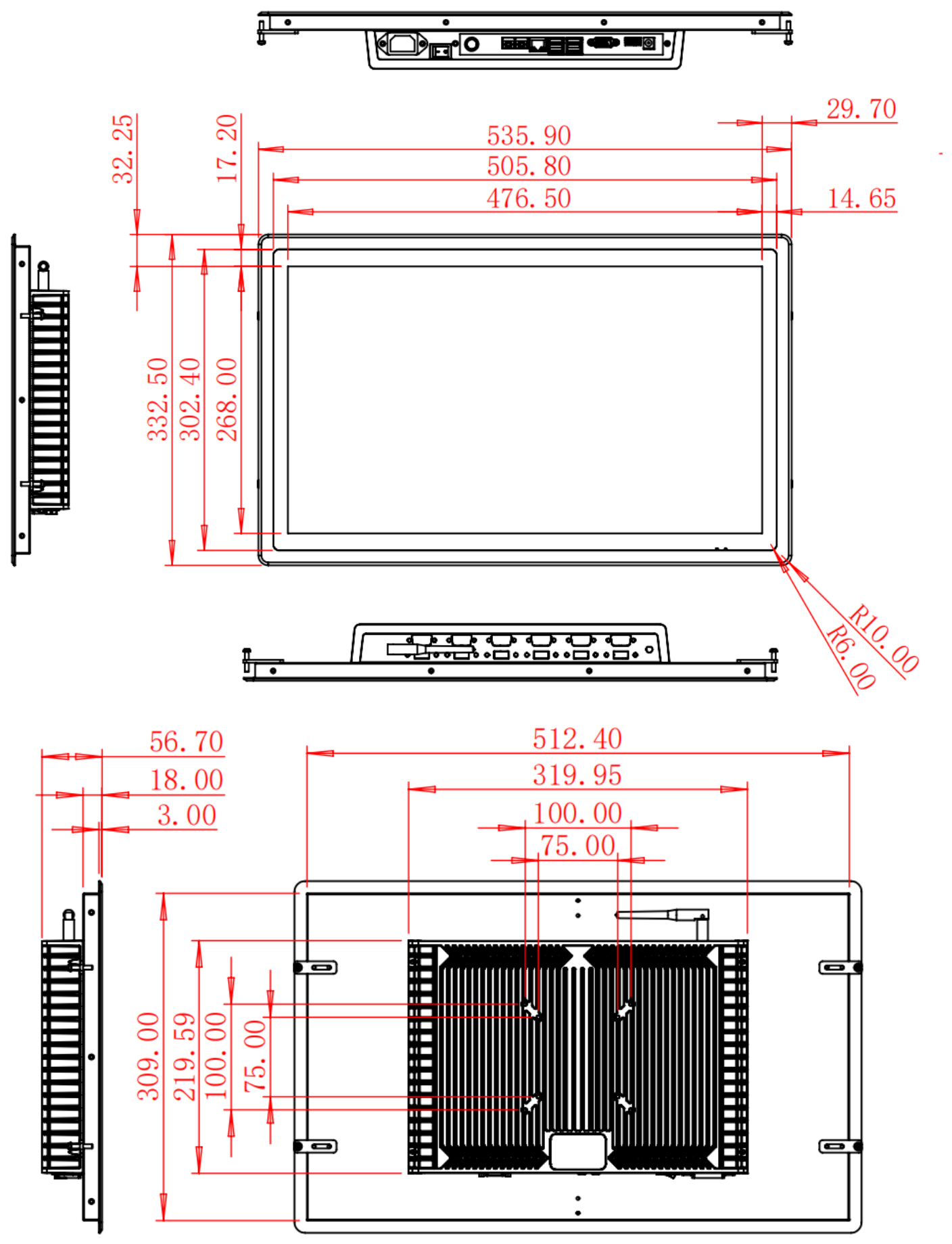 HC215RAO dimension drawing, 535.9 × 332.5 × 56.7 mm