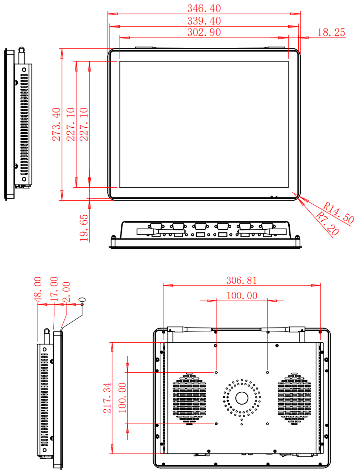 HC150ROF dimension drawing, 346.4 × 273.4 × 48 mm (Windows) / 40.6 mm depth (Android)