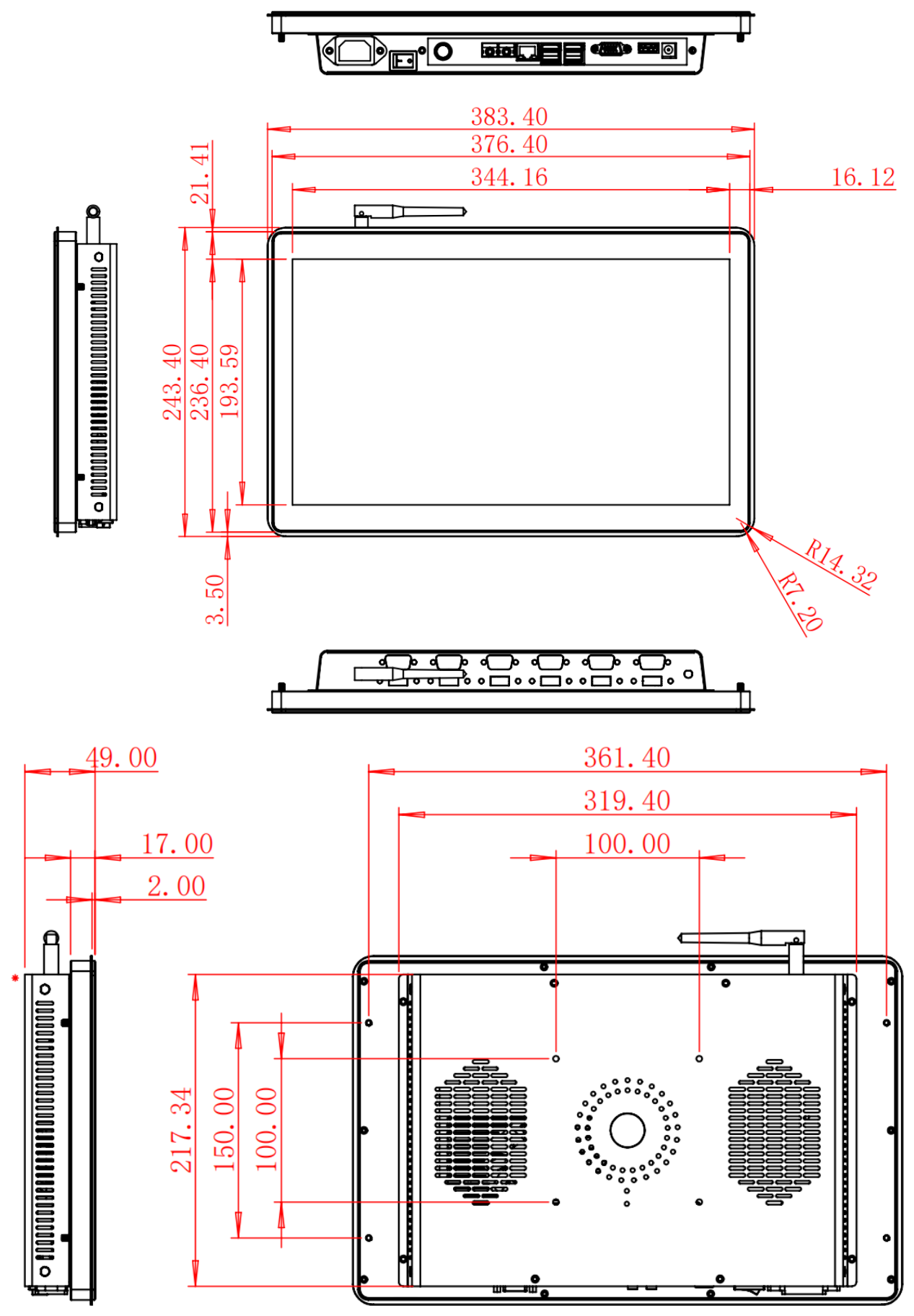 HC156ROF dimension drawing, 383.4 × 243.4 × 49 mm (Windows) / 40.8 mm depth (Android)