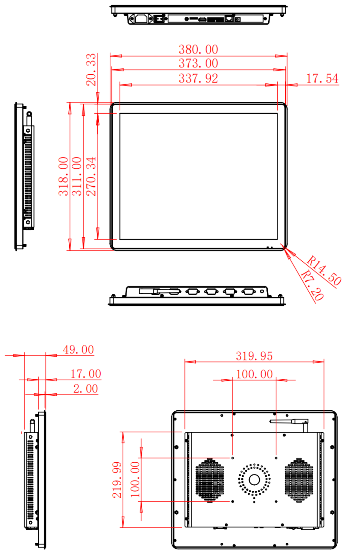 HC170ROF dimension drawing, 380 × 318 × 49 mm (Windows) / 40.8 mm depth (Android)