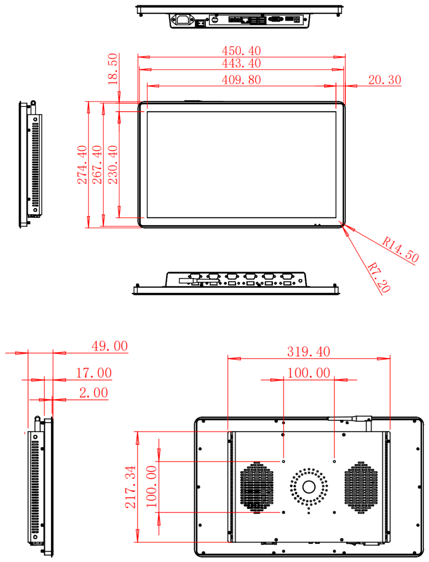 HC185ROF dimension drawing, 450.4 × 275.4 × 49 mm (Windows) / 40.8 mm depth (Android)