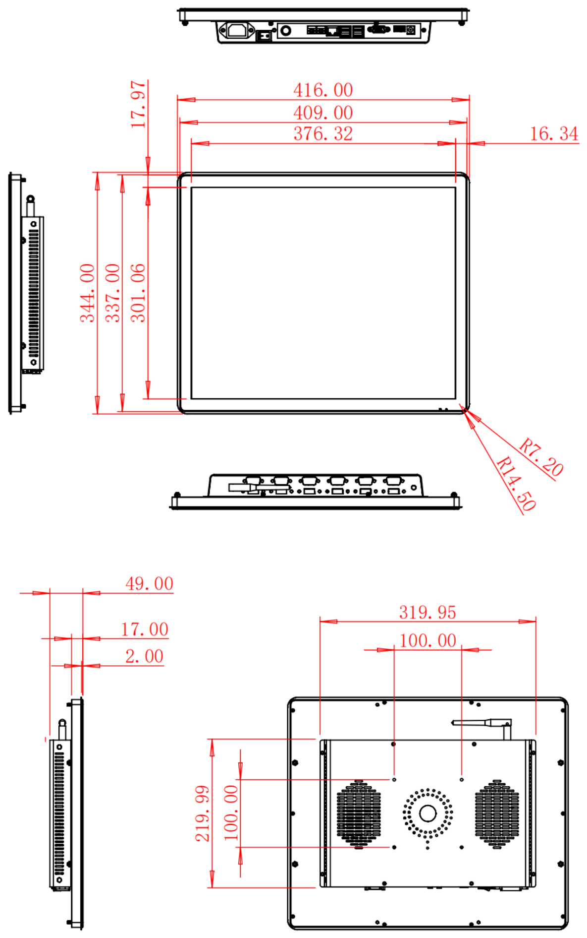 HC190ROF dimension drawing, 416 × 344 × 49 mm (Windows) / 40.8 mm depth (Android)