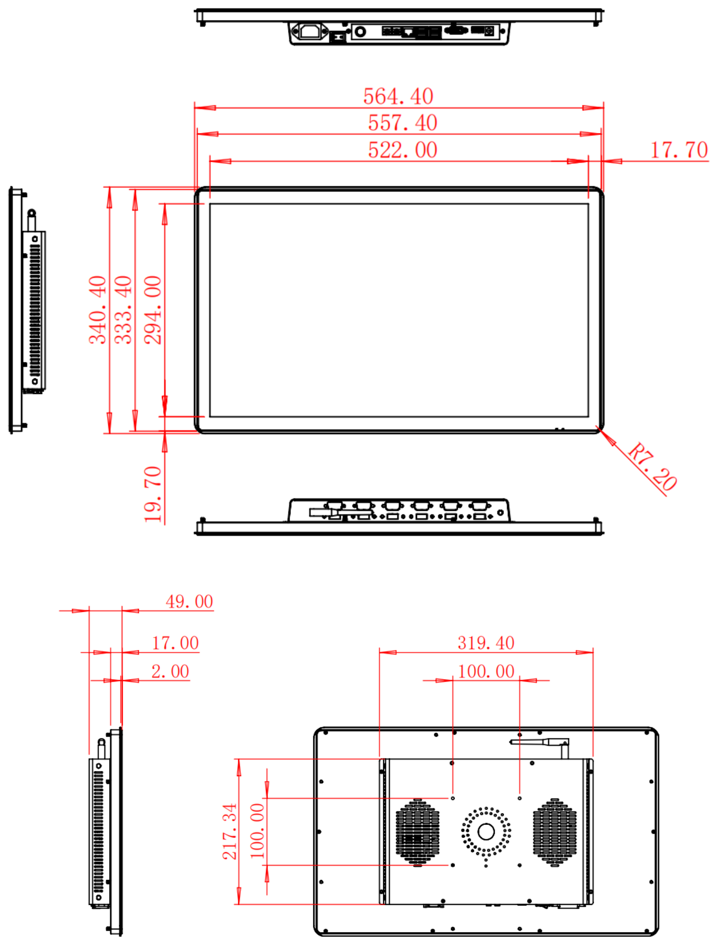 HC215ROF dimension drawing, 515.4 × 312 × 49 mm (Windows) / 40.8 mm depth (Android)