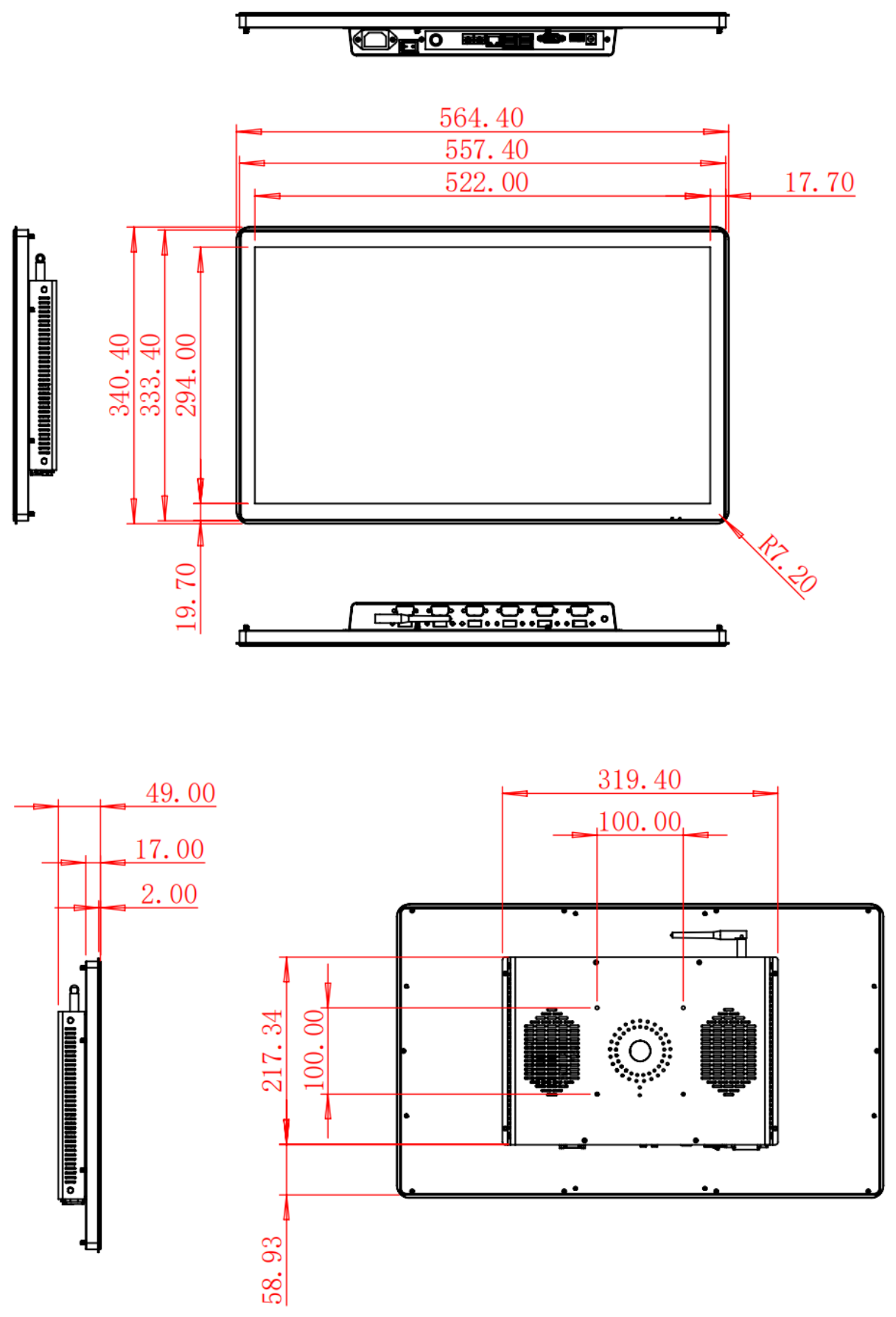 HC236ROF dimension drawing, 564.4 × 340.4 × 49 mm (Windows) / 40.8 mm depth (Android)