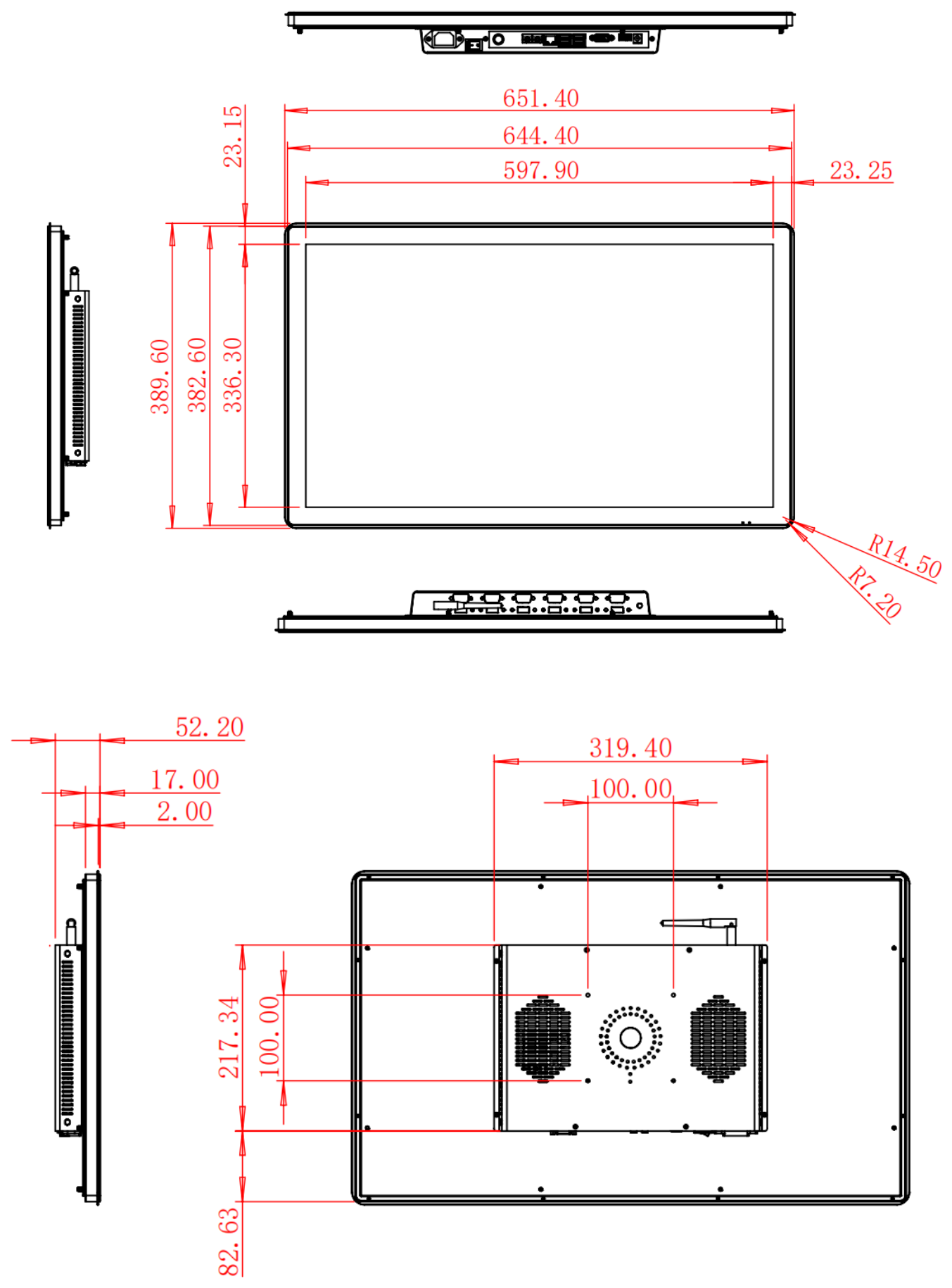 HC270ROF dimension drawing, 651.4 × 389.6 × 52.2 mm (Windows) / 44 mm depth (Android)