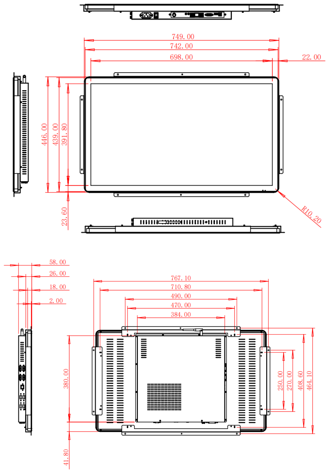HC320ROF dimension drawing, 749 × 446 × 58 mm