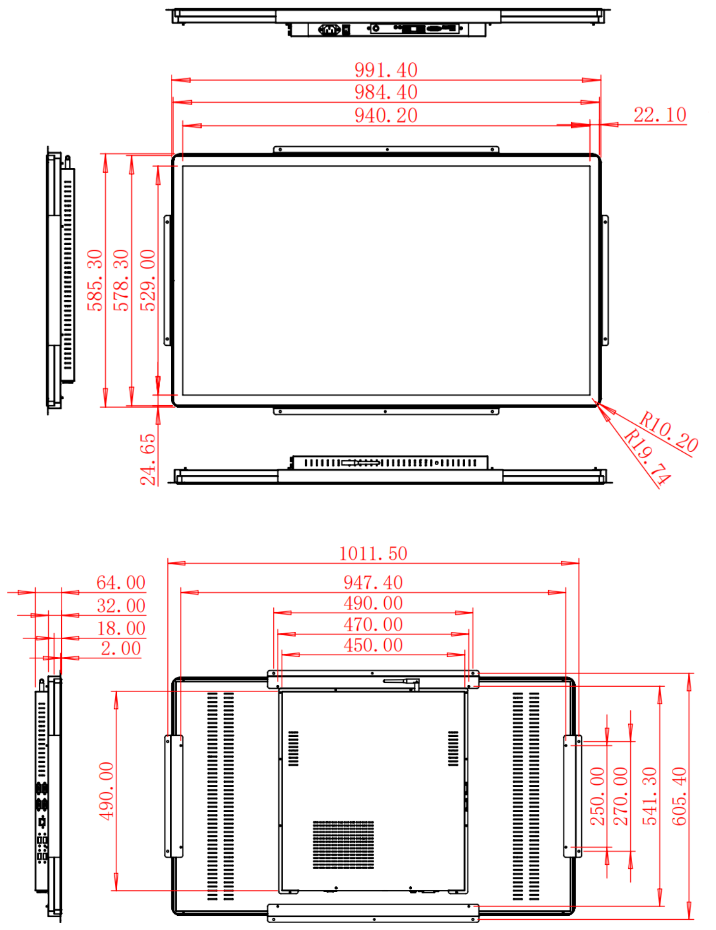 HC430ROF dimension drawing, 991.4 × 585.3 × 64 mm