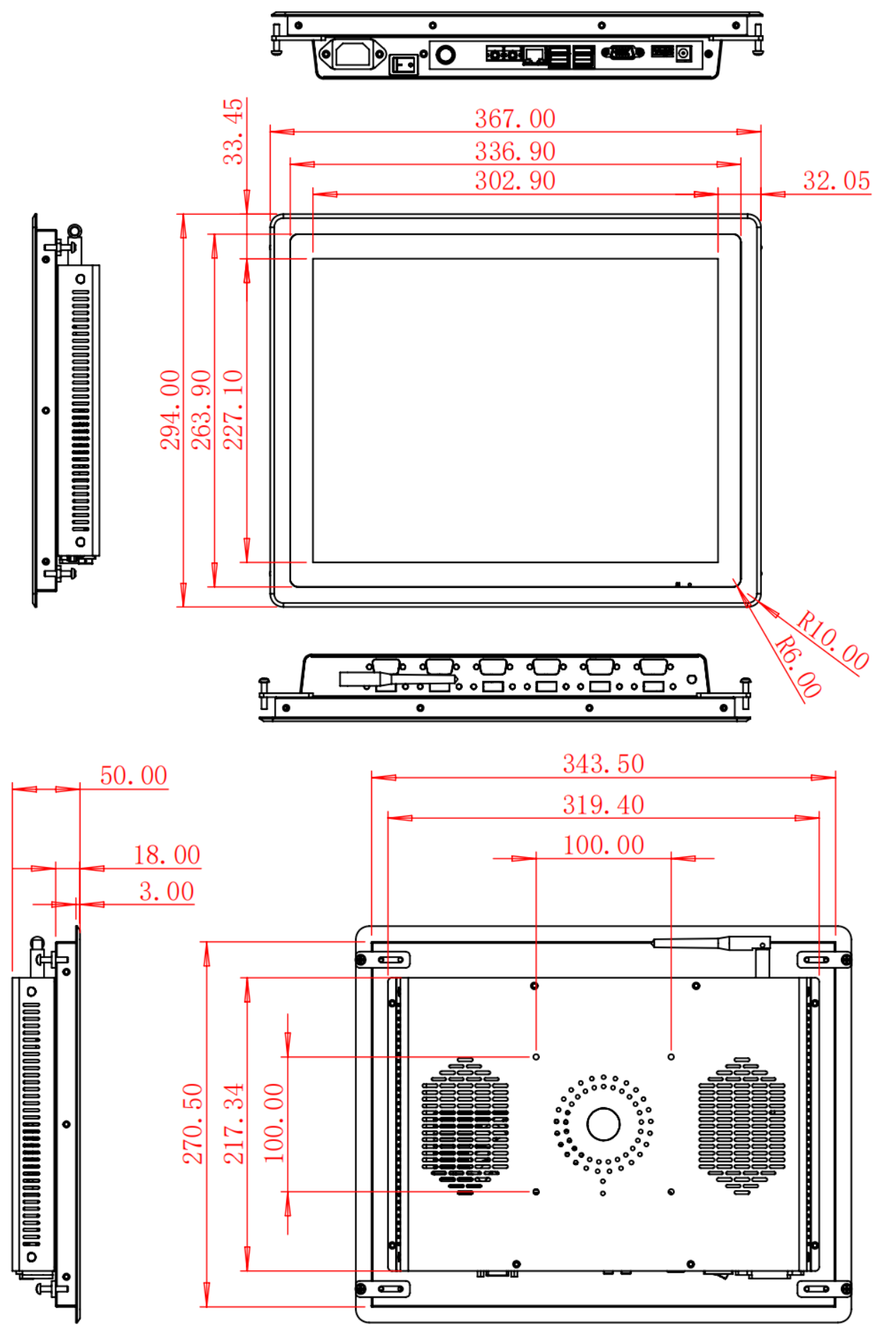 HC150RPC dimension drawing, 367 × 294 × 50 mm (Windows) / 41.8 mm depth (Android)