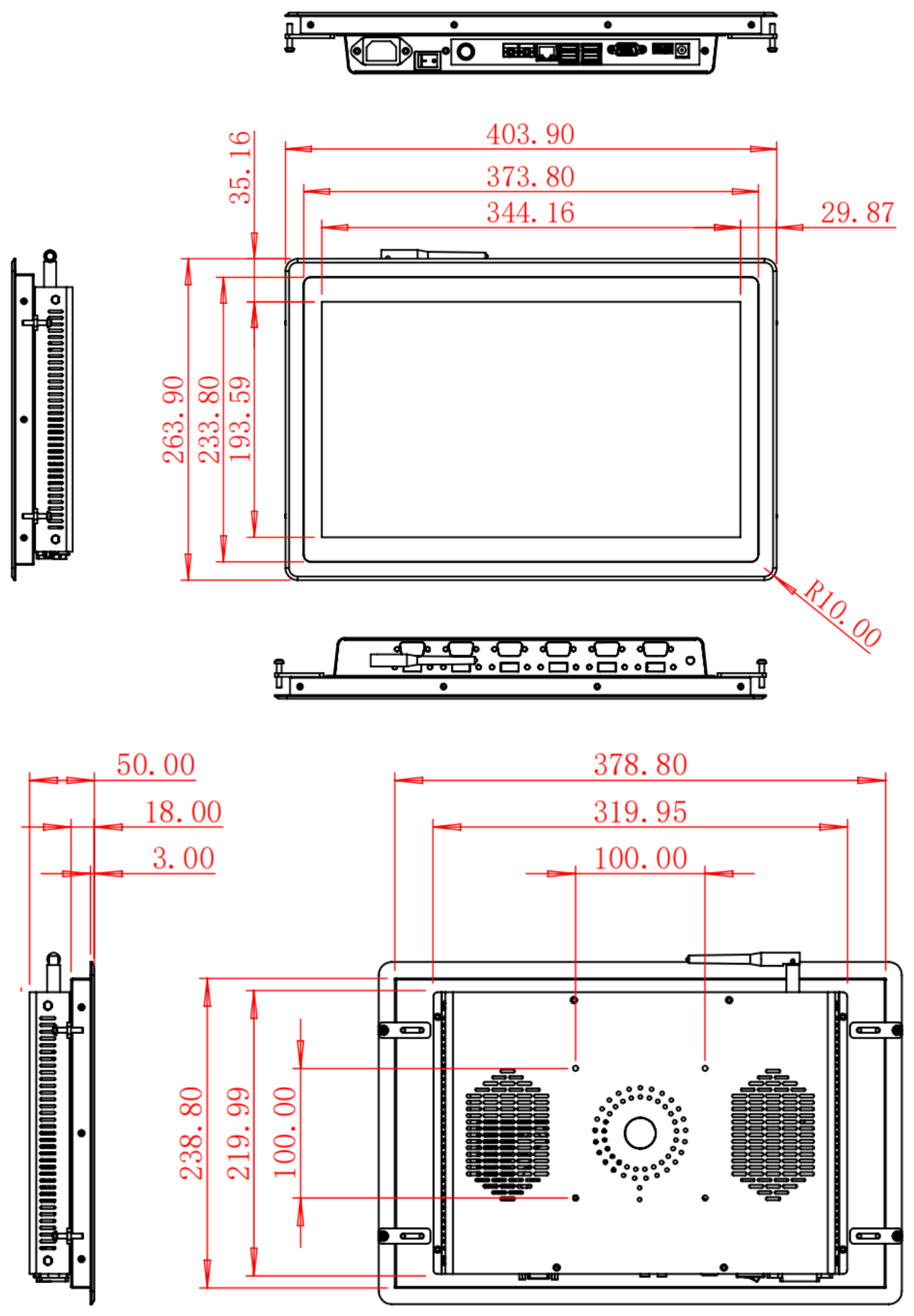 HC156RPC dimension drawing, 403.9 × 263.9 × 50 mm (Windows) / 41.8 mm depth (Android)