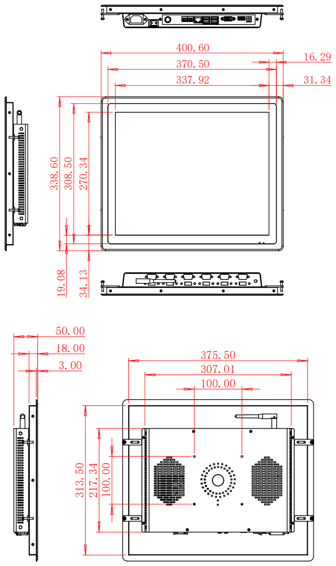 HC170RPC dimension drawing, 400.6 × 338.6 × 50 mm (Windows) / 41 mm depth (Android)