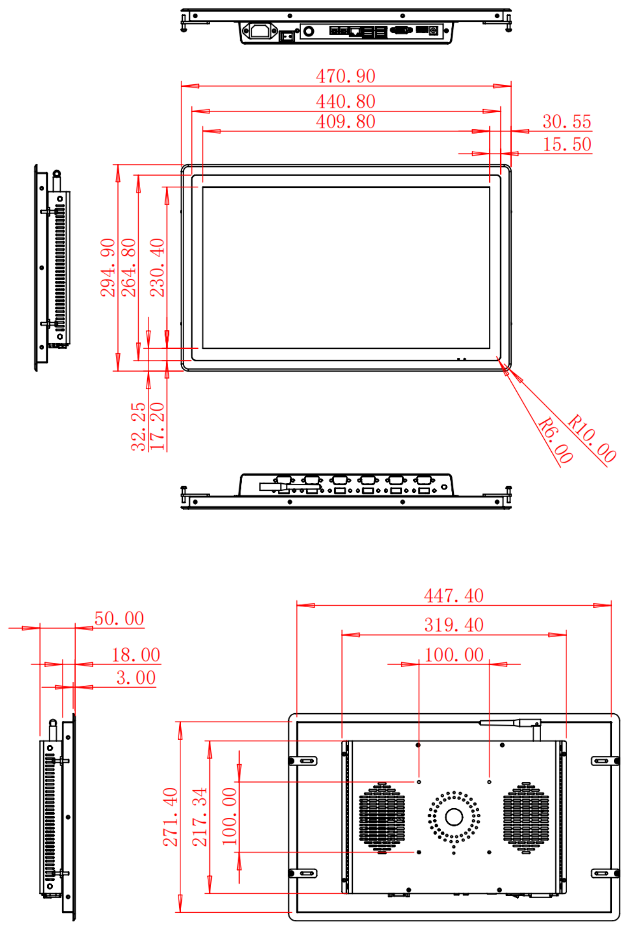 HC185RPC dimension drawing, 470.9 × 294.9 × 50 mm (Windows) / 41.8 mm depth (Android)
