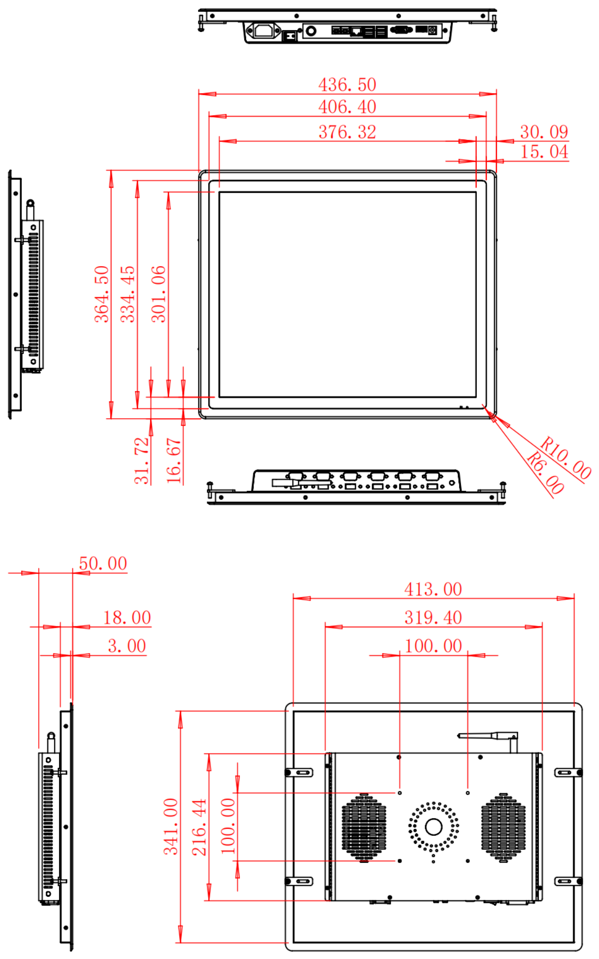 HC190RPC dimension drawing, 436.5 × 364.5 × 50 mm (Windows) / 41.8 mm depth (Android)