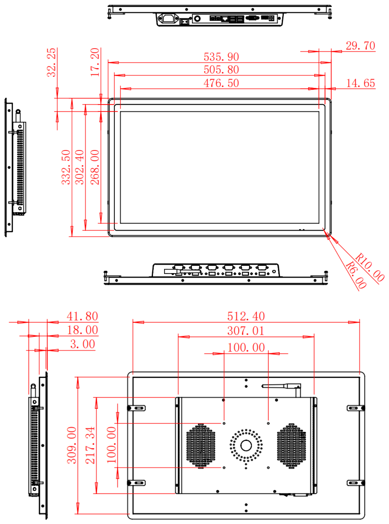 HC215RPC dimension drawing, 535.9 × 332.5 × 50 mm (Windows) / 41.8 mm depth (Android)