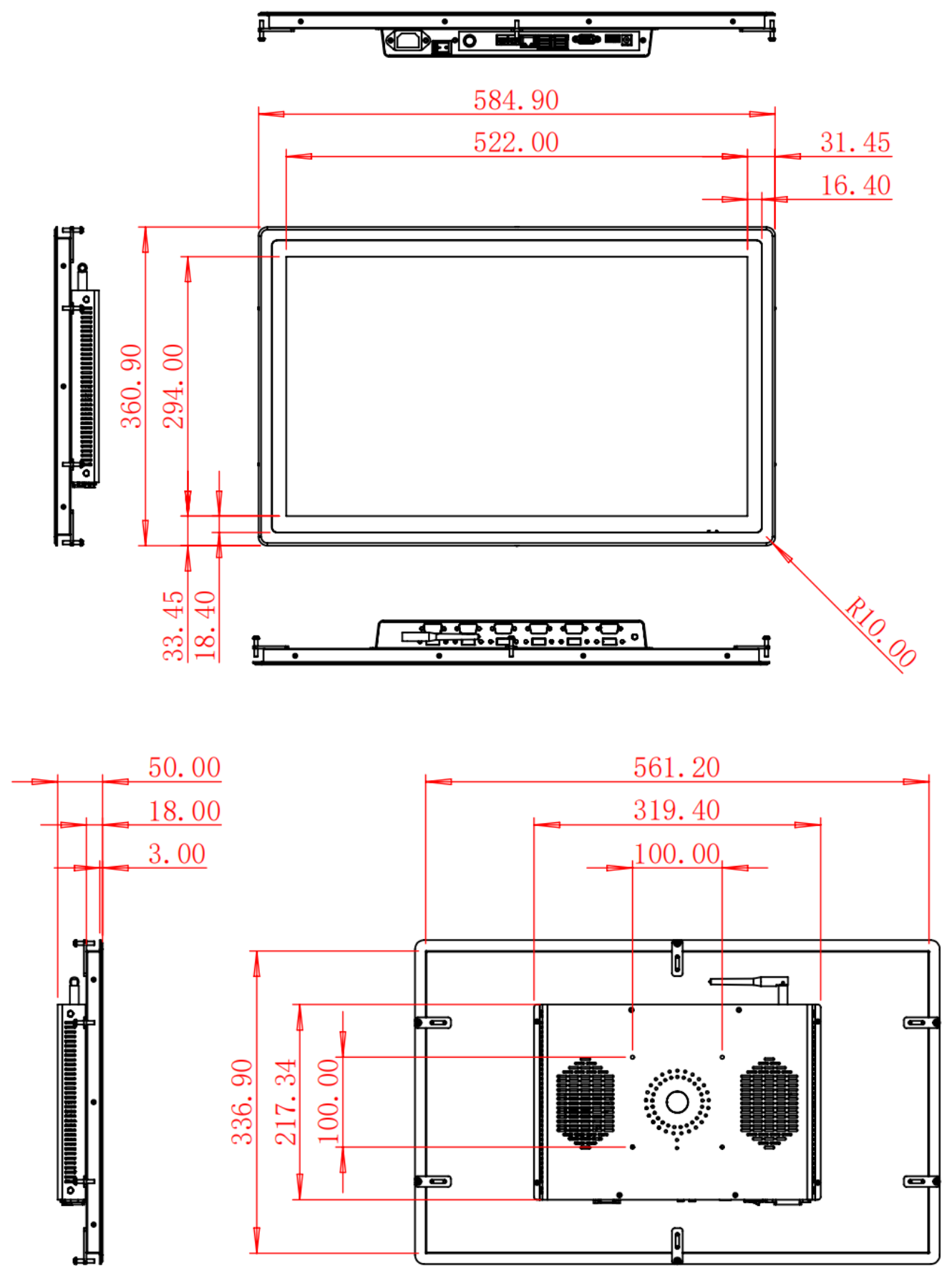 HC236RPC dimension drawing, 584.9 × 360.9 × 50 mm (Windows) / 41.8 mm depth (Android)