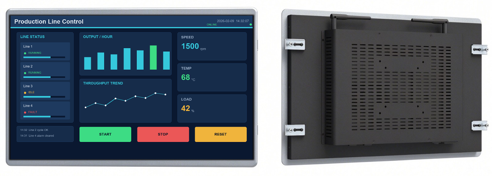 23.6″ embedded industrial panel PC front and rear view