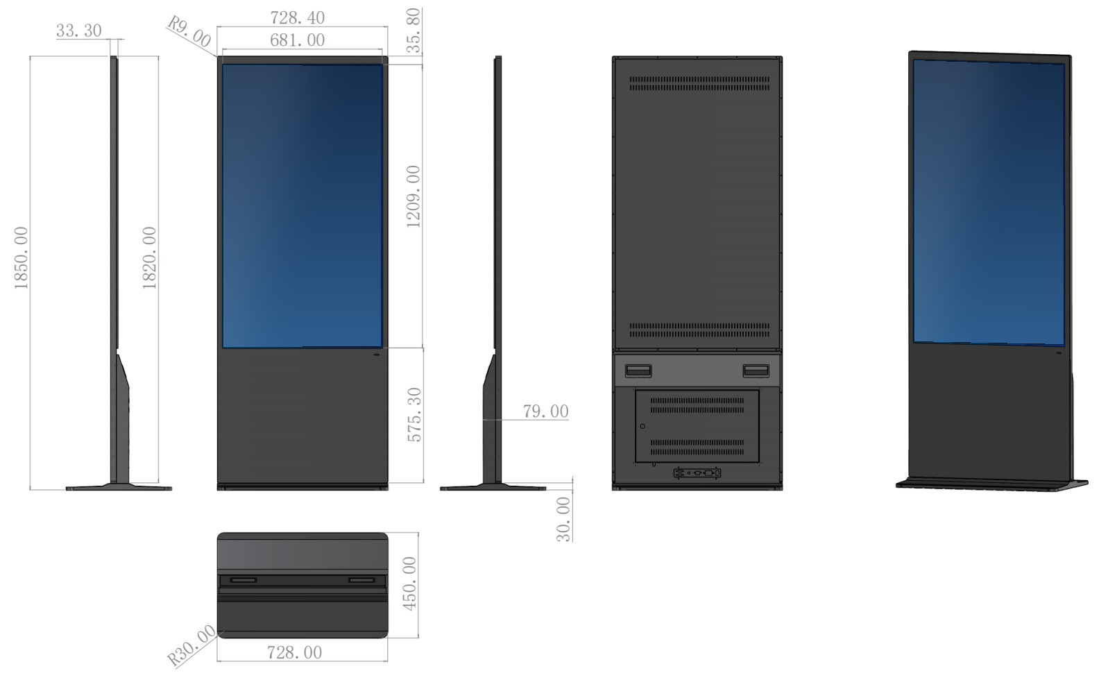 HC550RFL dimension drawing, 1850 × 728.4 × 450 mm