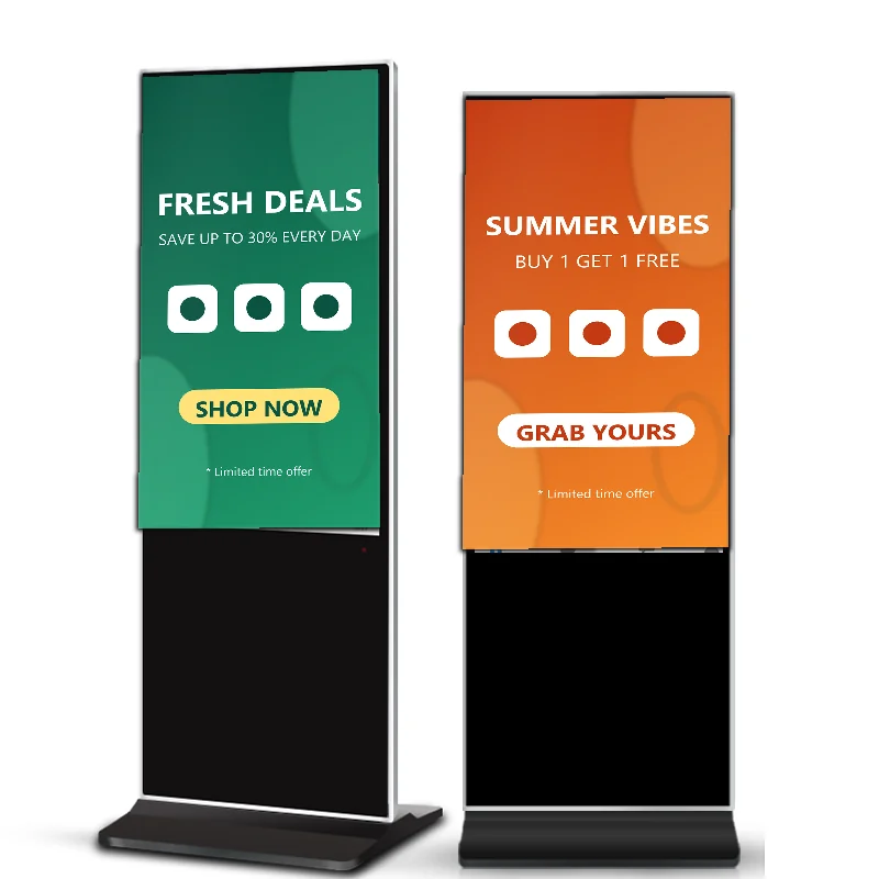floor standing IR touch kiosks in portrait orientation, retail scene