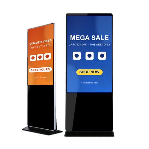 floor standing digital signage displays in portrait orientation, retail scene