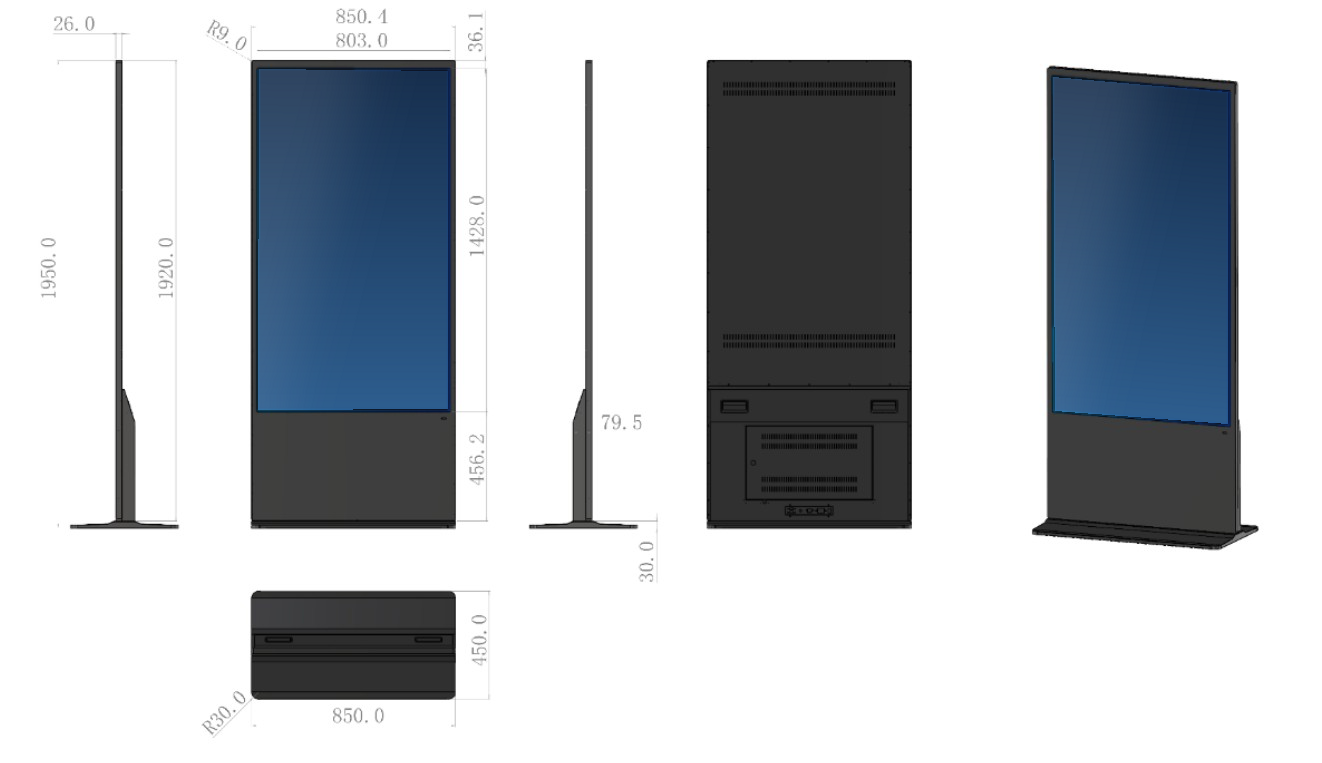 HN650RFL dimension drawing, 1950 × 850.4 × 450 mm